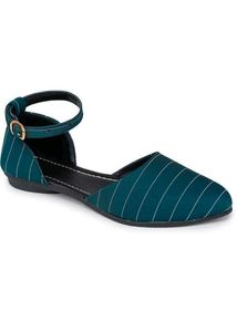 Stylish Teal Striped Flats with Ankle Strap