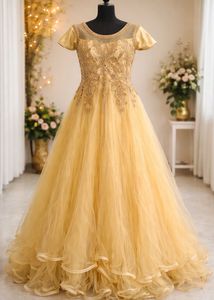 Doll Golden Party Wear Gown Full Size And Length