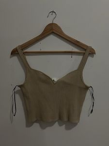 Ribbed Beige V-Neck Crop Top
