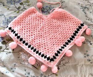 Handmade Crochet Poncho with Pom-Poms