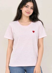 Pink Striped T-Shirt with Red Heart Detail