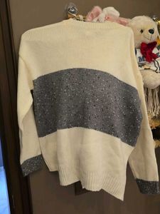 Cream &amp; Grey Striped Knit Sweater