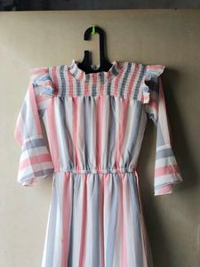 Striped Ruffle Neckline Dress