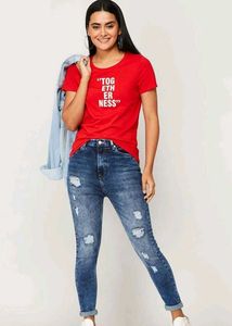 Distressed Blue Wash High Waist Jeans