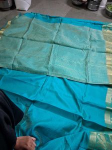 Blue Striped Silk Saree with Gold Border