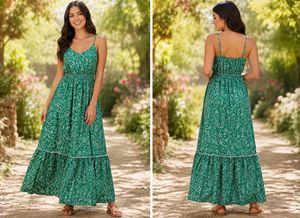 Green Leaf Print Maxi Dress
