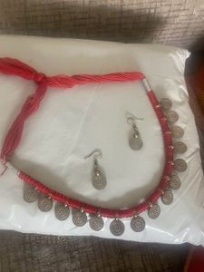 Red Thread Oxidised Necklace Set with Earrings