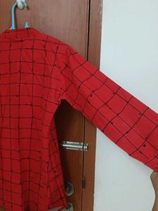 Red Checked Mandarin Collar Shirt