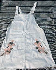 White Embroidered Denim Pinafore Dress
