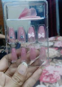 Pink Bow & Rhinestone Press-On Nails