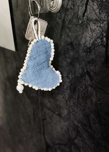 Heart-Shaped Denim Keychain with Pearls