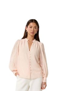 Elegant Peach Puff Sleeve Button-Up Blouse