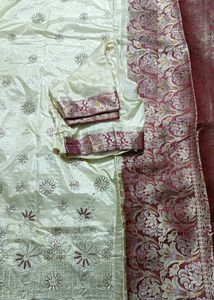 Cream & Maroon Embroidered Silk Saree