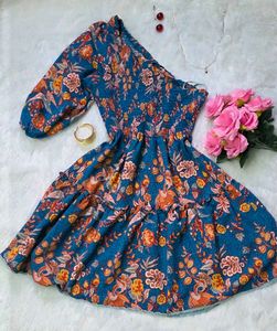 Boho Blue Floral One Shoulder Dress |