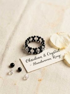 Obsidian & Crystal Handwoven Ring