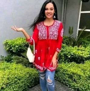 Vibrant Red Embroidered Kurti