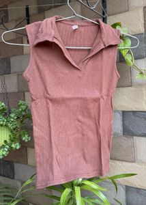 Women Brown Ribbed Collared Top