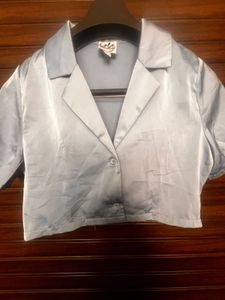 Baby Blue Satin Cropped Shirt