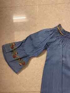 Embroidered Denim Off-Shoulder Dress