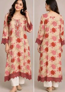 Floral Print Kurta with Embroidered Neckline