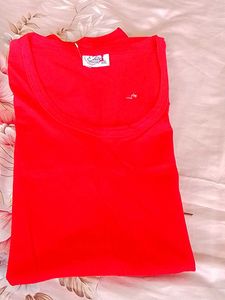 Vibrant Red Cotton Blouse with Lace Trim