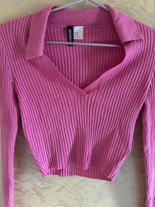 Pink Ribbed Collared Cropped Sweater