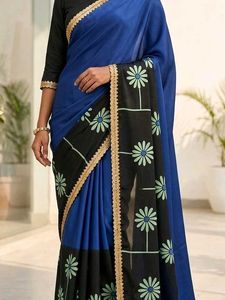 Blue Saree with Floral Print
