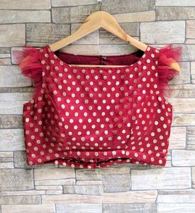 Maroon Polka Dot Blouse with Tulle Sleeves