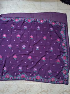 Elegant Purple Saree with Floral Embroidery