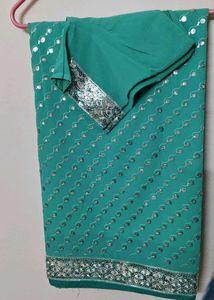 Stunning Teal Sequined Saree with Blouse