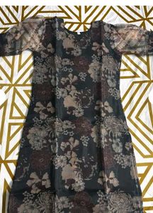 Floral Print Puff Sleeve Long Organza Kurta