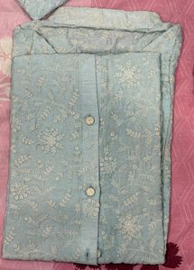 Men's Blue Embroidered Kurta with Stole