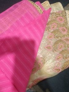 Pink &amp; Cream Embroidered Saree – No Blouse Include