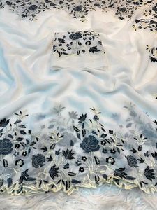Elegant White Floral Embroidered Saree