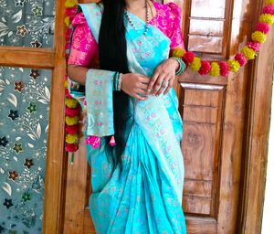 pink blouse blue saree