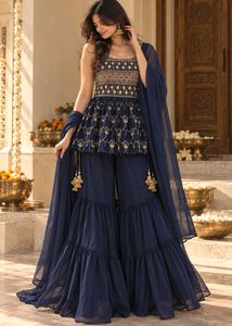 Navy Blue Embroidered Festive Sharara Set