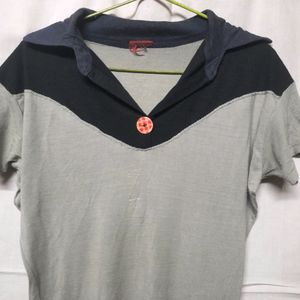 Girl's Korean Green Top Black Collar Casual Tshirt