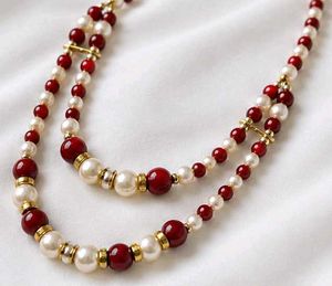 Elegant Pearl &amp; Red Beaded Necklace