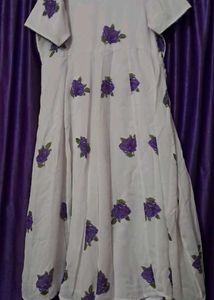 White Kurta with Purple Rose Print