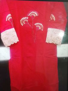 Red Embellished Kurta with Lace Sleeves