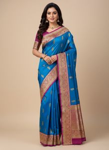 Blue Silk Saree with Peacock Design