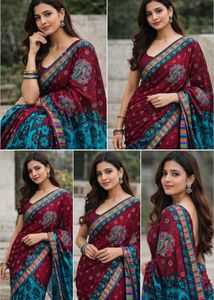 Elegant Maroon & Blue Paisley Saree
