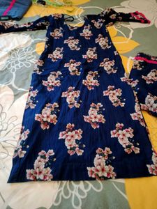 Navy Floral Kurta Set with Pink Trim