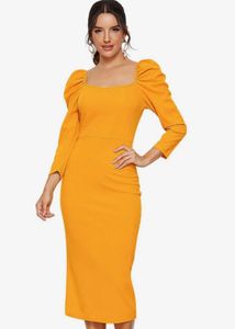 Puff Sleeve Square Neck Midi Dress