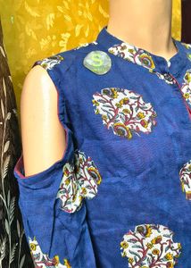 Blue Printed Cold Shoulder Kurta