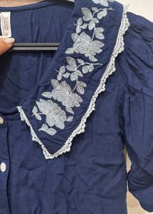 Embroidered Peter Pan Collar Navy Top