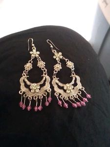 Pink Beaded Floral Drop Earrings,chand Baliya.