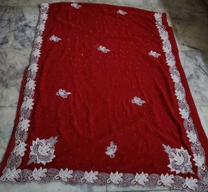 Red moti work saree