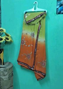 Vibrant Orange &amp; Yellow Embellished Saree