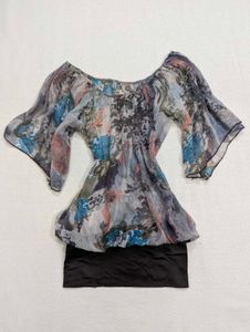 Y2K Sheer Printed Flutter Sleeve Top